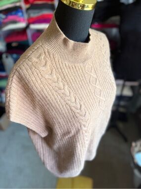 Tahari Tan Cable-Knit Mock Neck Cashmere Sleeveless Sweater